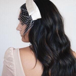 Ivory Satin Bow Headband with Birdcage Veil